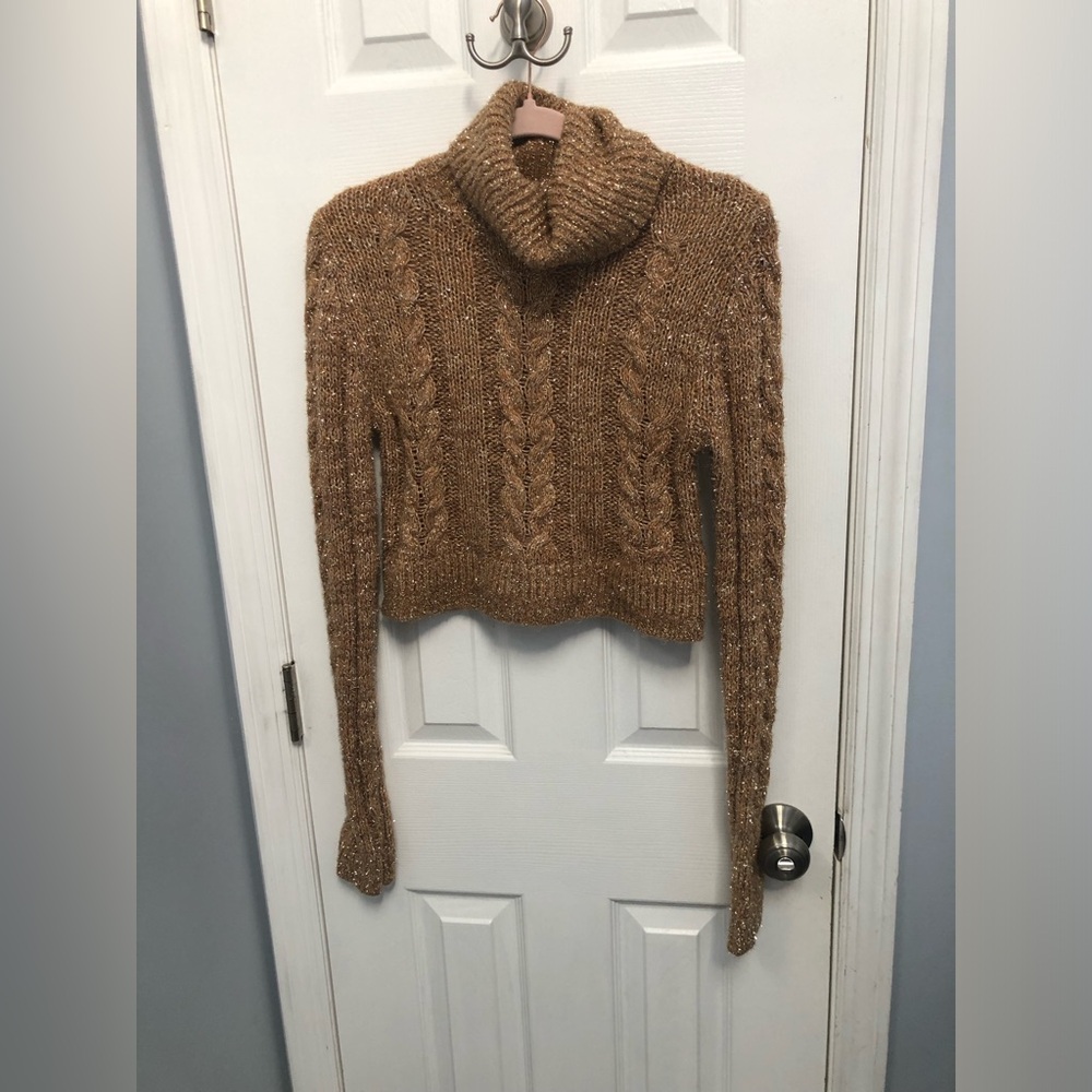 Anthropologie Pilcro Gold Sparkle Turtleneck Cropped Cable Knit Sweater XS